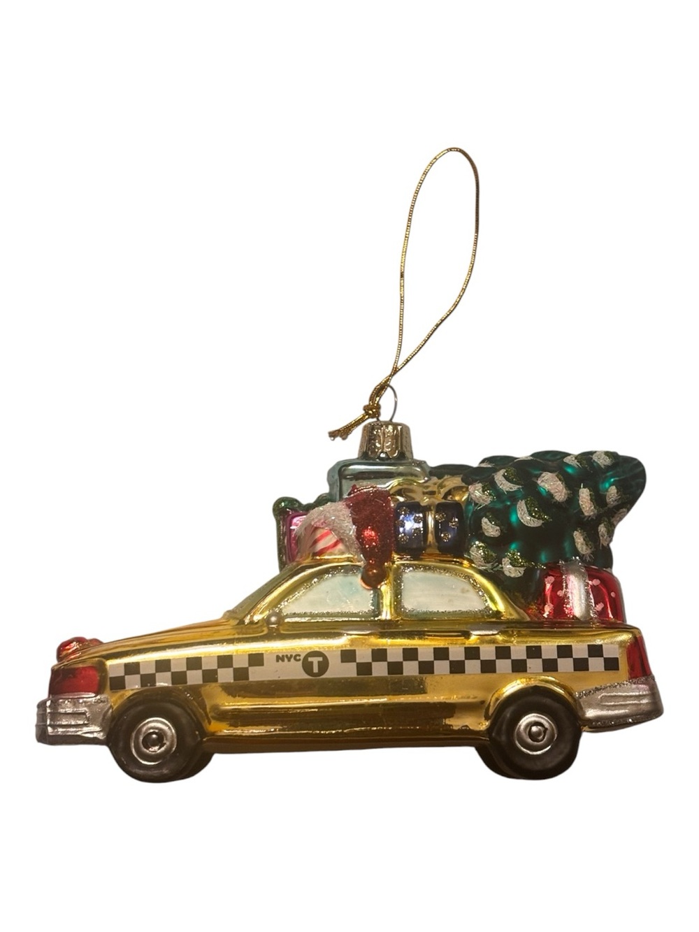 Kurt Adler Gold NYC Taxi glass Ornament with Green Tree and Red Gifts 3 X 5”
